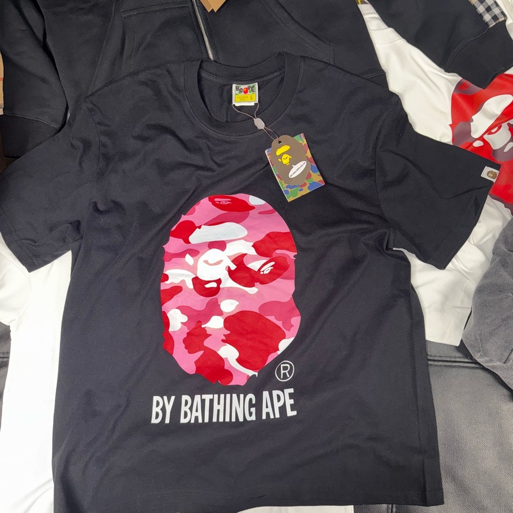 BAPE Black Tee with Pink and Red Camo Logo